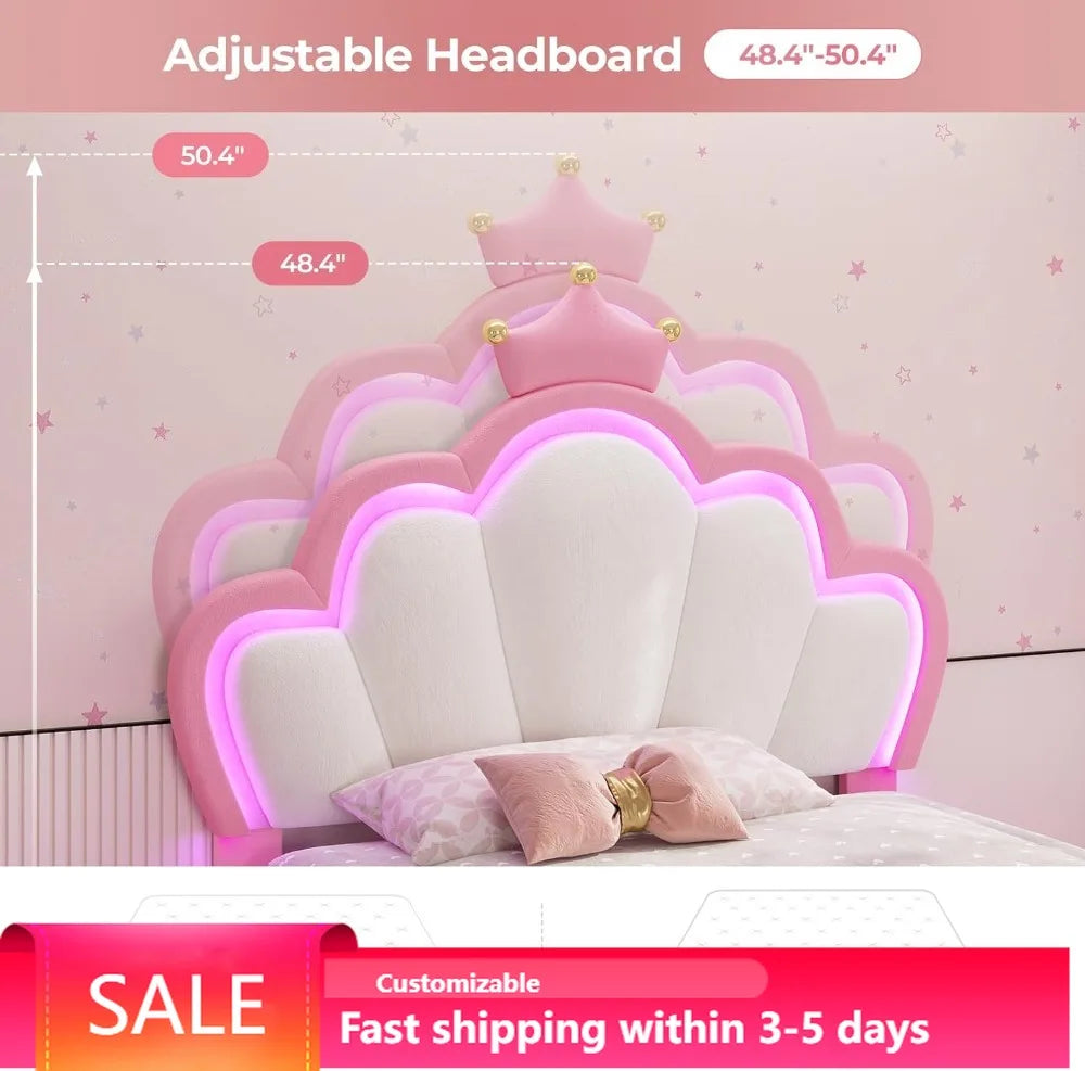 Princess Twin Bed Frame with LED Lights, Adjustable Velvet Headboard, Pink Girls Platform Bed, Solid Wood Support
