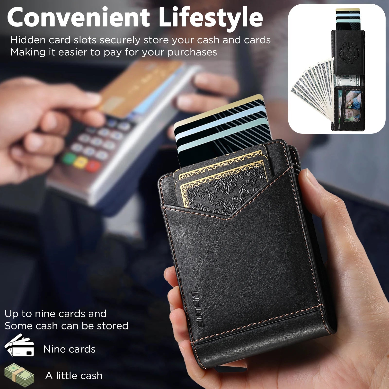 SUTENI Card Slot Wallet Flip Cover Faux Leather Card Box Pressing The Button Automatically Ejects The Card