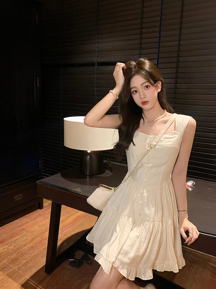 Sweet Style Dopaamine Sleeveless Strap Dress Women's New 2026 Beach Vacation Beautiful Dress High Waist A-Line Korean Style