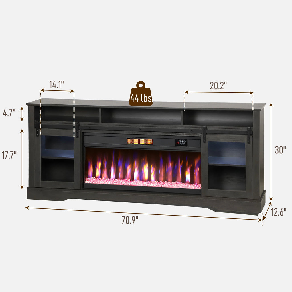 Fireplace TV Stand for TVs Up to 80 Inches, Modern Entertainment Center with 36" Glass Electric Fireplace & LED Lights, TV Console with Open Storage and Side Cabinets for Living Room, Black