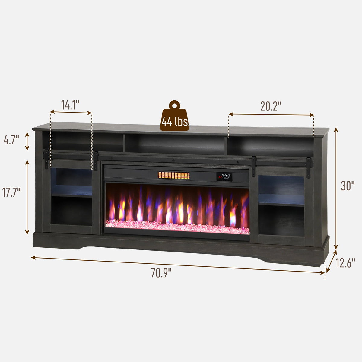 Fireplace TV Stand for TVs Up to 80 Inches, Modern Entertainment Center with 36" Glass Electric Fireplace & LED Lights, TV Console with Open Storage and Side Cabinets for Living Room, Black