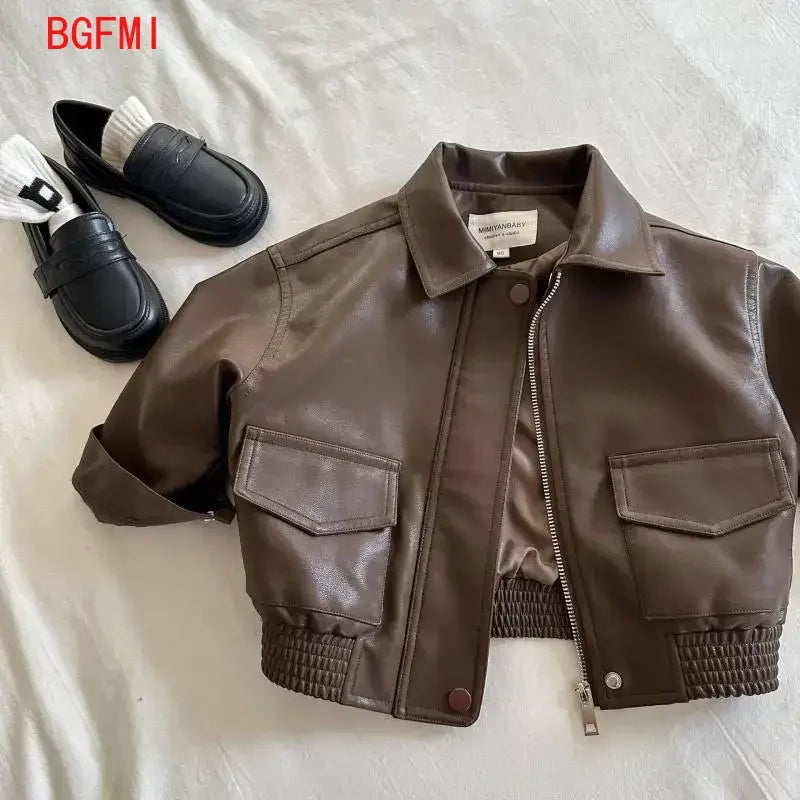 2-10Y Baby Boys Girls Zipper Jackets Brown Pu Leather Lapel Collar Coats Korean Style Autumn Single Breasted Toddler Cardigans
