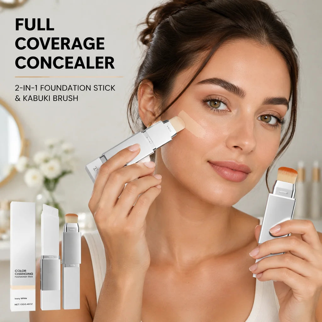 Color Changing Foundation Stick Waterproof Sweatproof Lightening Full Coverage Concealer 2 in 1 Stick Foundation Makeup Brushes