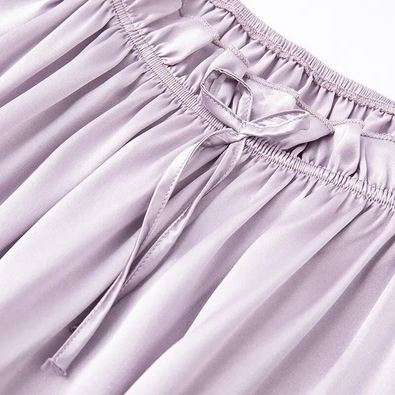 Loose 100%Silk Short Sleeve Nightgown, Summer Medium-long Satin Sleepwear Woman