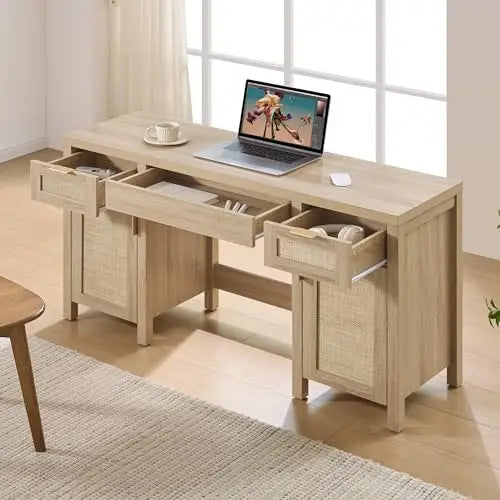 52" Rattan Vanity Desk with 3 Drawers & 2 Cabinets, Vanity Table | Large Boho Farmhouse Makeup Dressing Table, Wooden