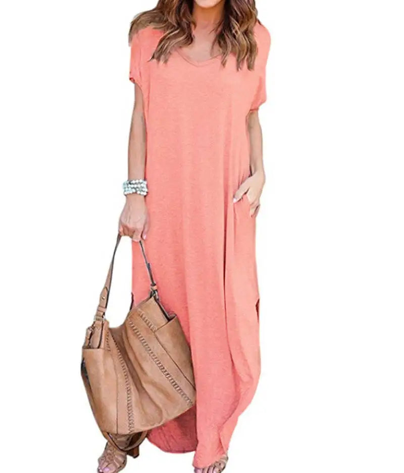 Pure Color Splice Short Sleeve V-Neck Slit Long Dress Loose Fit Women's Summer Cotton Polyester Maxi Dress Citywalk