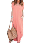 Pure Color Splice Short Sleeve V-Neck Slit Long Dress Loose Fit Women's Summer Cotton Polyester Maxi Dress Citywalk