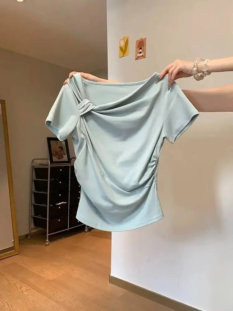 Slim Fit Short Sleeve T-Shirt Women's Shoulder Bared Folded Design Casual Versatile Summer Top for Petite Ladies