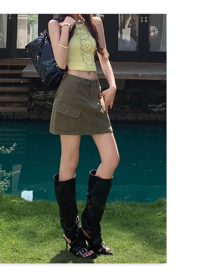 High Waist A-Line Mini Skirt Denim Skirt Women's Multi-Pocket Anti-Light Workwear Half Skirt Street Style Casual Wear