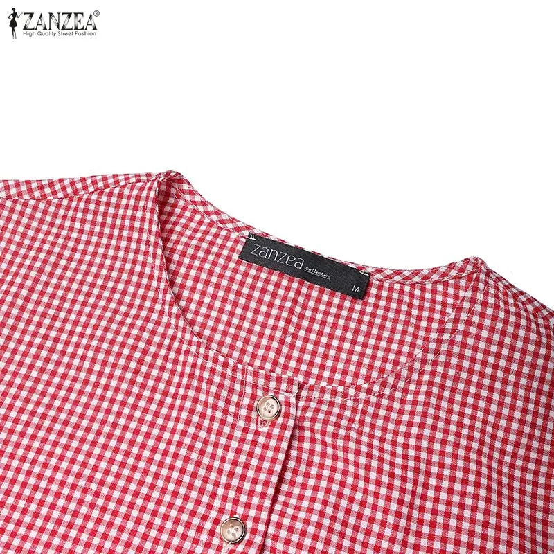 2026 ZANZEA Women Summer Sundress Elegant Short Sleeve Plaid Checked Dress Casual O Neck Work Dresses Baggy Holiday Vestido Robe