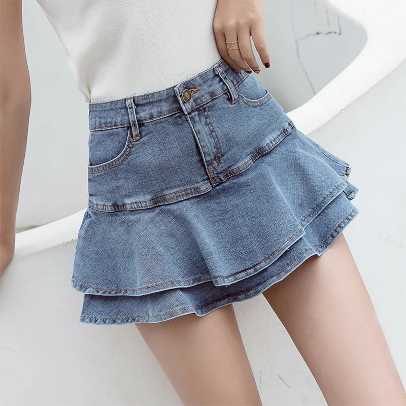 Vintage Denim Mini Skirts Women Summer Sexy Solid Colour Ball Gown Skirts Jeans Female Casual Pocket Slim A-line Mini Skirts