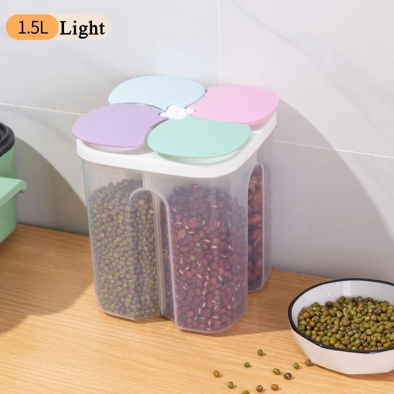 Caja de almacenamiento de cereales para cocina, de plástico, con 4 compartimentos, tarro sellado para cereales, recipiente para alimentos, tanque de grano a prueba de humedad, caja para mantener frescos los espaguetis