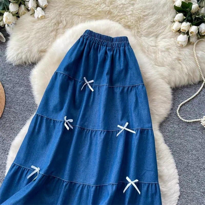 Karofi Vintage Cotton Layered Denim Skirt Women Elastic High Waist Bow Detail Flowy Long Casual A Line Long Midi Skirt