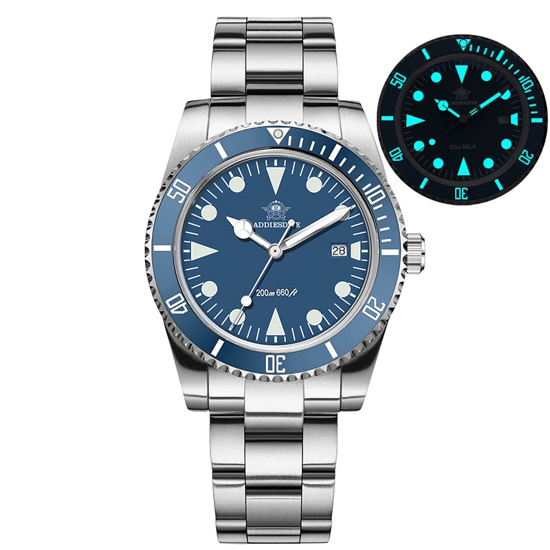 ADDIESDIVE Men's Diving Watch Stainless Steel Ceramic Bezel Quartz Watch Men's BGW9 Luminous 200m Waterproof  Men's Watch