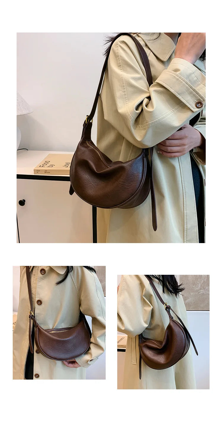 Women Vintage Soft Leather Dumpling Bag Fashion Adjustable Strap Crossbody Bag Large Capacity Crescent Shoulder Purse for Daily
