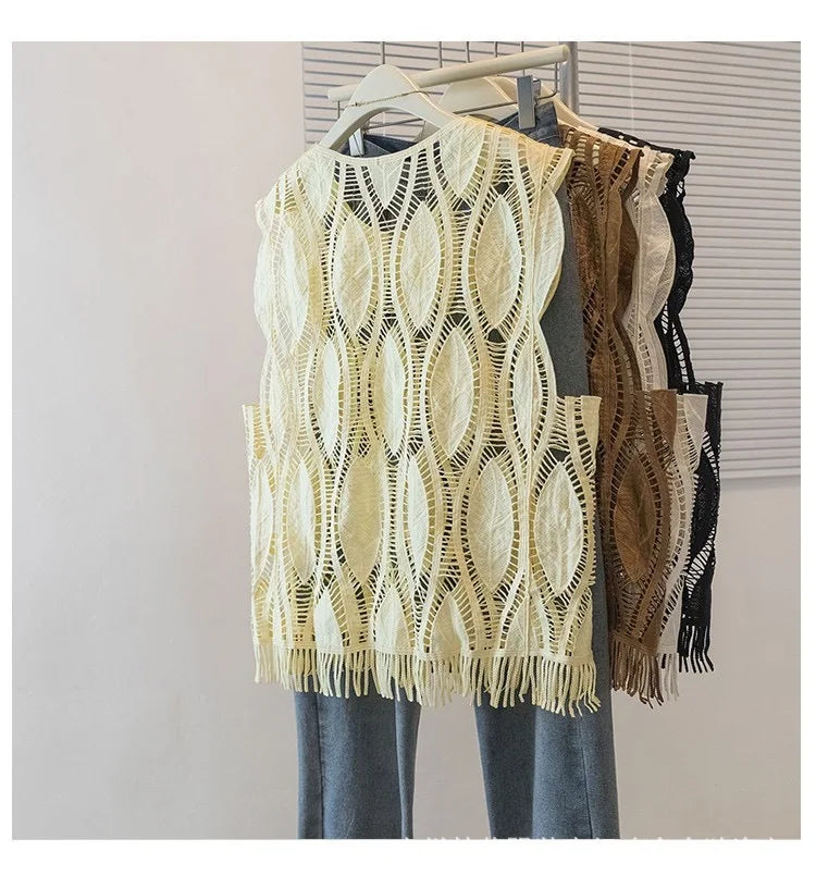 French Elegant Sleeveless Lace Hollow out Top Women's Summer New Design Asymmetrical Outerwear Vest Cover up Polyester Fabric