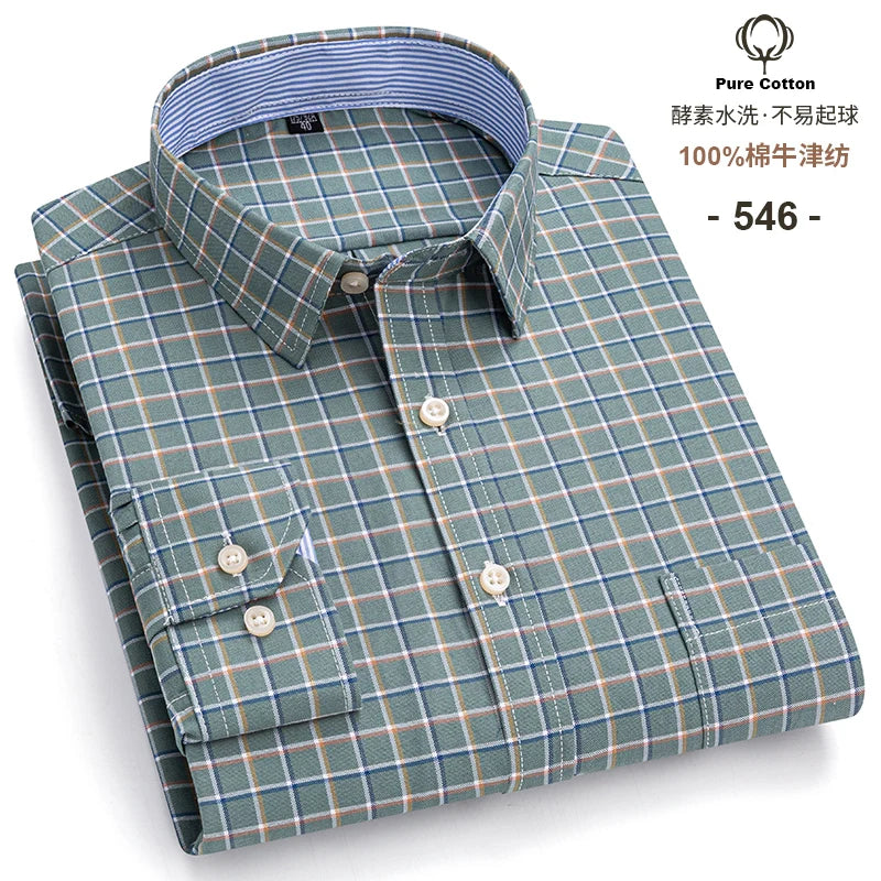 Men's Long Sleeve Plaid Oxford Shirt - 100% Cotton Button-Down