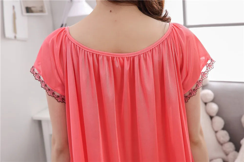 2026 New Women's Summer Imitation Silk Sleeping Skirt Multi Colored Short Sleeved Home Clothes Ice Silk Pajama Dress