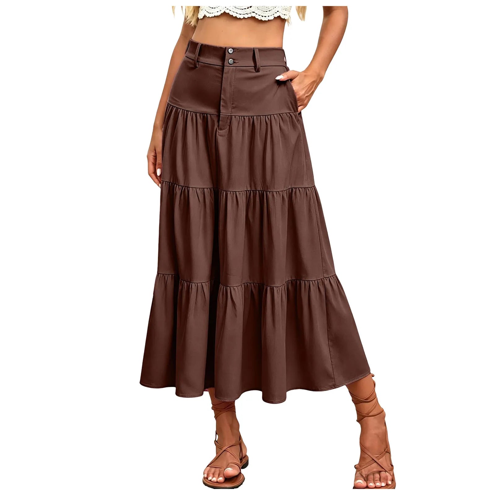 Damen High Waist Midi Mit Elastischem Bund Knopfleiste Eleganter A Linien Leichtem Material Für