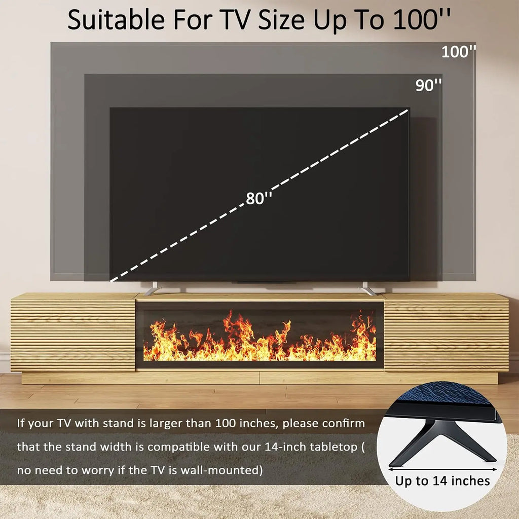 94.5" Fluted Fireplace TV Stand for Living Room, Natural Wood, Customized