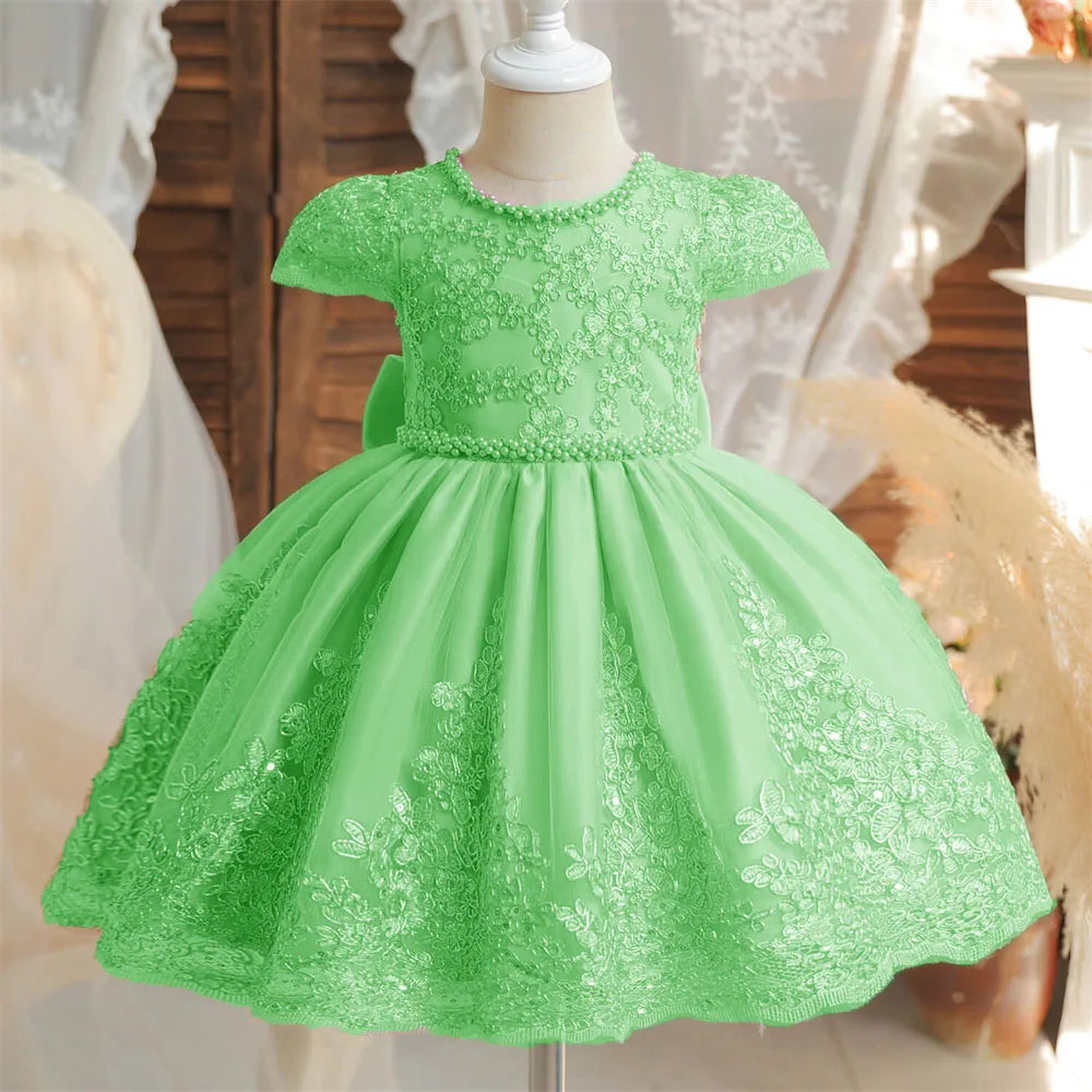 Beading Luxury Short Sleeve Lace Appliques A Line Formal Communion Girl Dress Bow Floor Length Princess Flower Girl Gown New