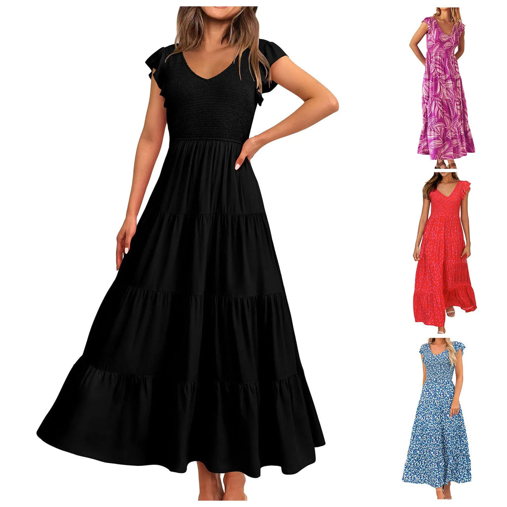 Women's Summer Flowy Maxi Dress Casual Cap Sleeve V Neck Smocked Beach Cotton Midi Dresses