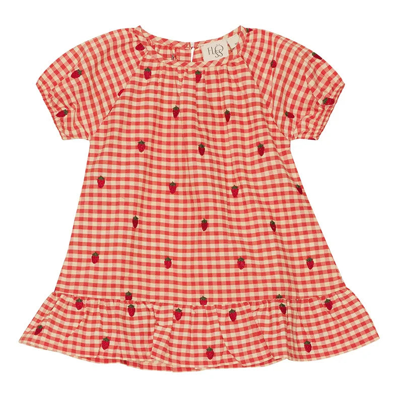 Girls Plaid Strawberry Cotton Dress & Shorts Set | Summer Outfit