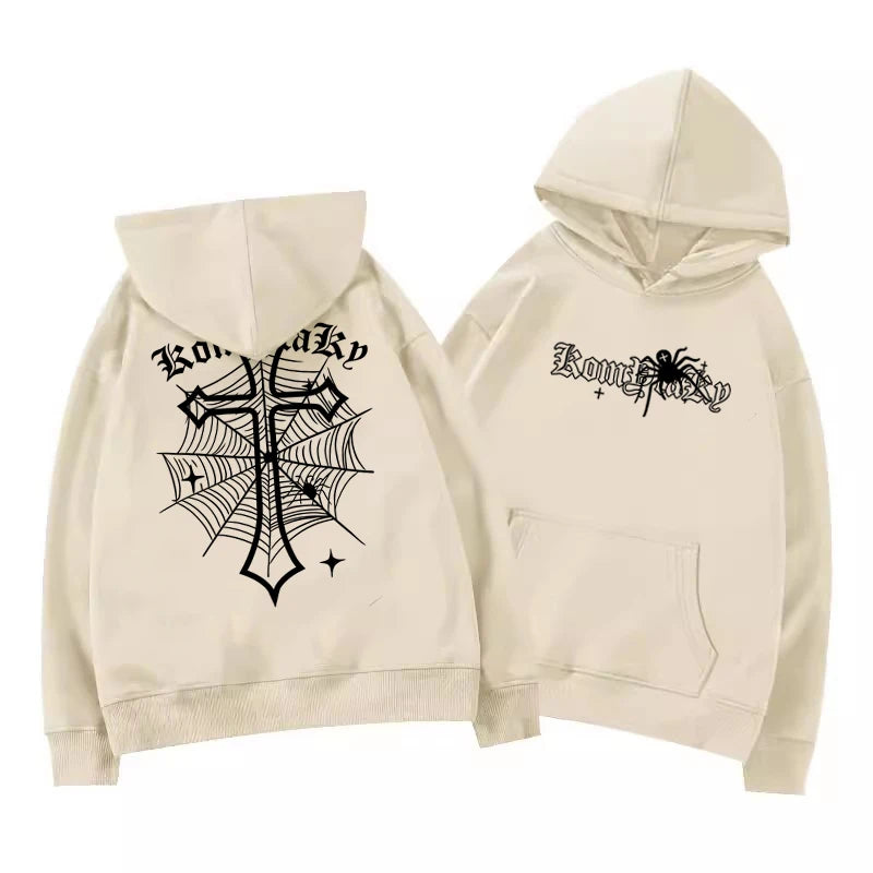 Spider Cross Print Fleece Hooded Sweatshirt - Men's Casual Pullover