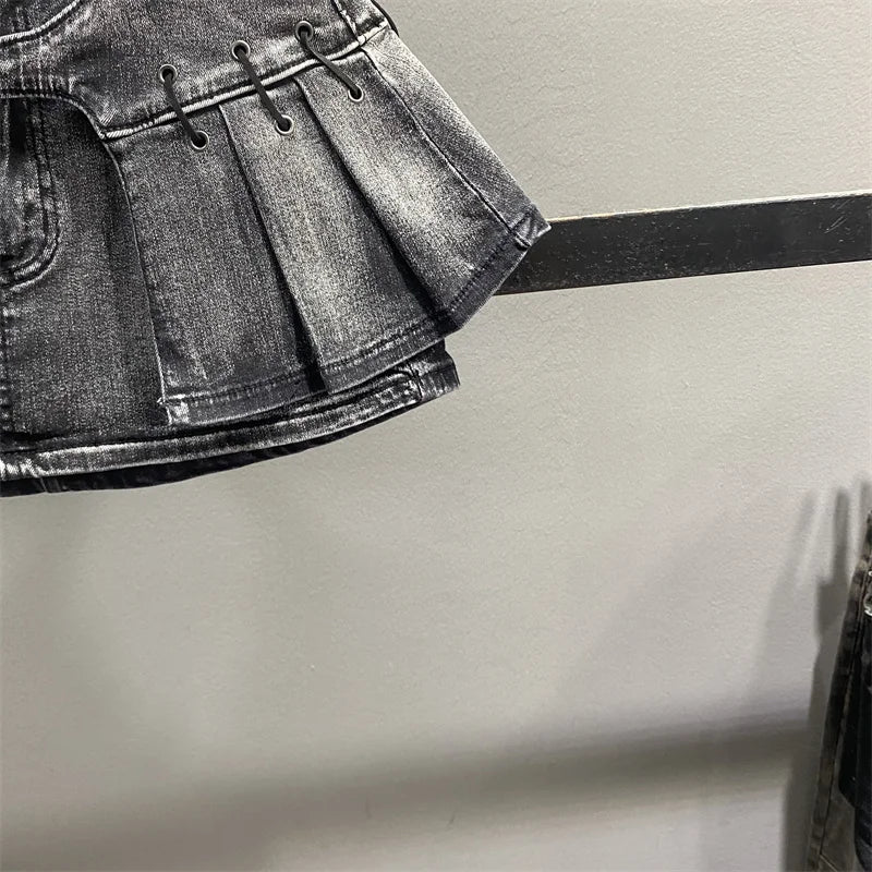 Retro American Denim  Skirt Women's Spring Summer Design Slimming Sexy A-Line Pleated Short Skirt High Waist Cotton Polye...