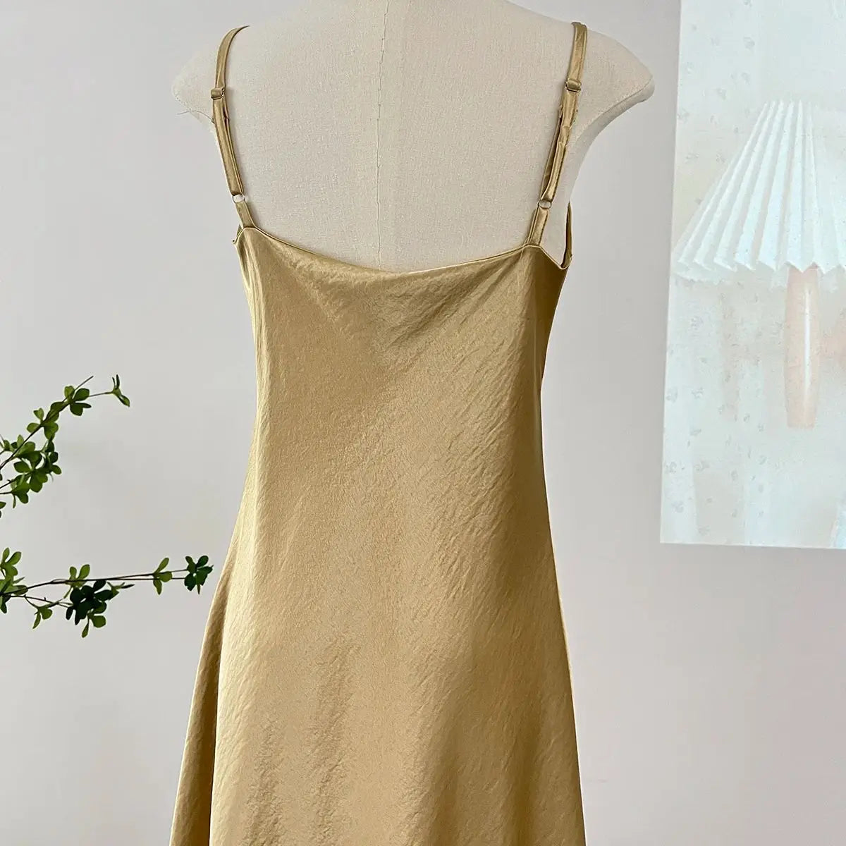 Elegant Women Spaghetti Strap Satin Dresses Summer V-Neck Solid Color Thin Sleeveless Long Dress Women A-Line Dress