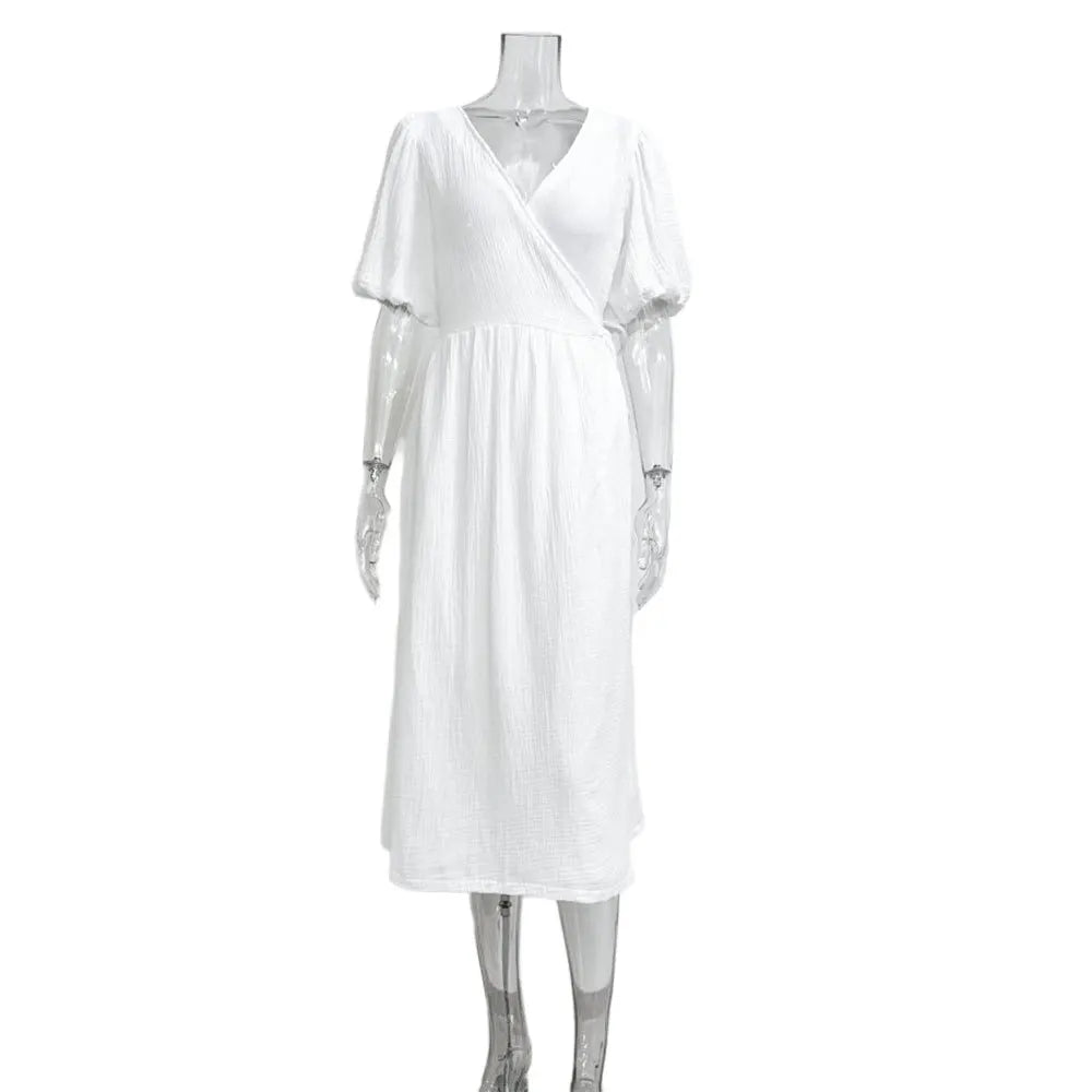 Long Dress Women Dresses Vestidos Lace Up V Neck Puff Sleeve Solid High Waist Female A Line Office Lady Summer 2025 Maxi Gown