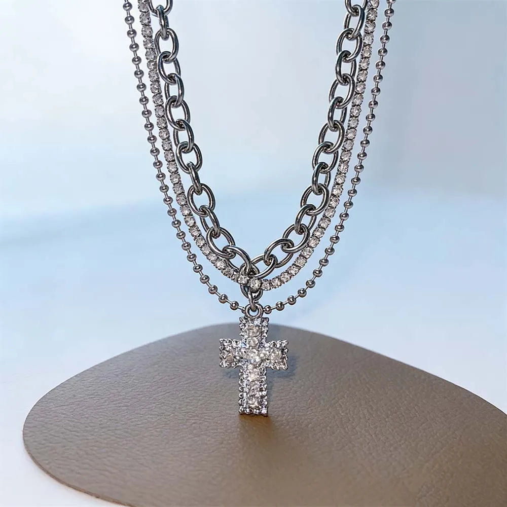 Punk Zircon Cross Pendant Necklace for Men Women Spicy Girl Sweet and Cool Style Multi Layered Necklace Gothic Jewelry Gifts