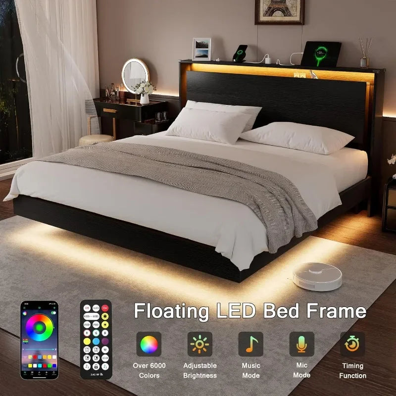 Einhomn King Size Bed Frame with LED Lights & Charging Station – Wood Floating Bed Frame with Storage Headboard, Adhesive Slats