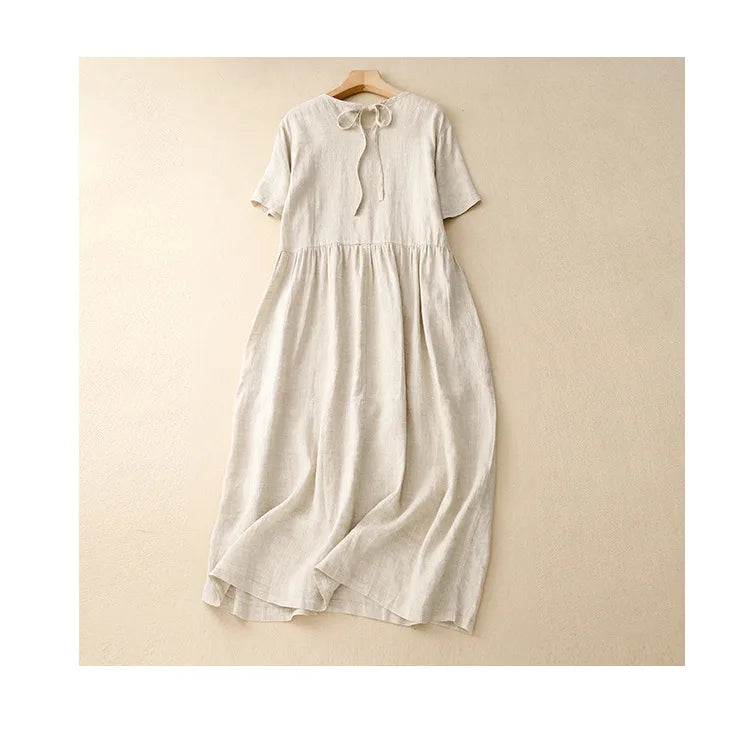 Korean Style Summer Fashion Solid Color Simple Basic Cotton Linen Dress for Women Good Quality Half Sleeve Elegant Frock Female