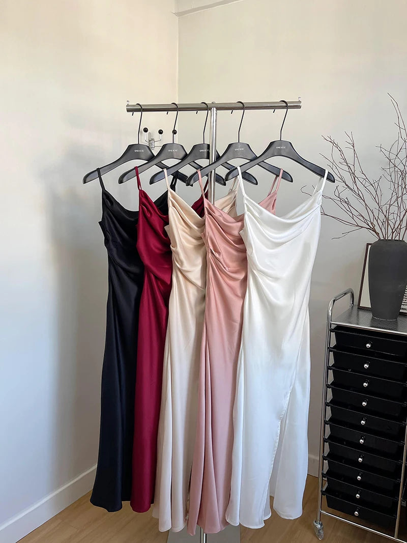 Women's Sexy Swinging Collar Satin Strap Long Dress Lady Summer Solid Color Slim Pleated Wasit Split Party Dress