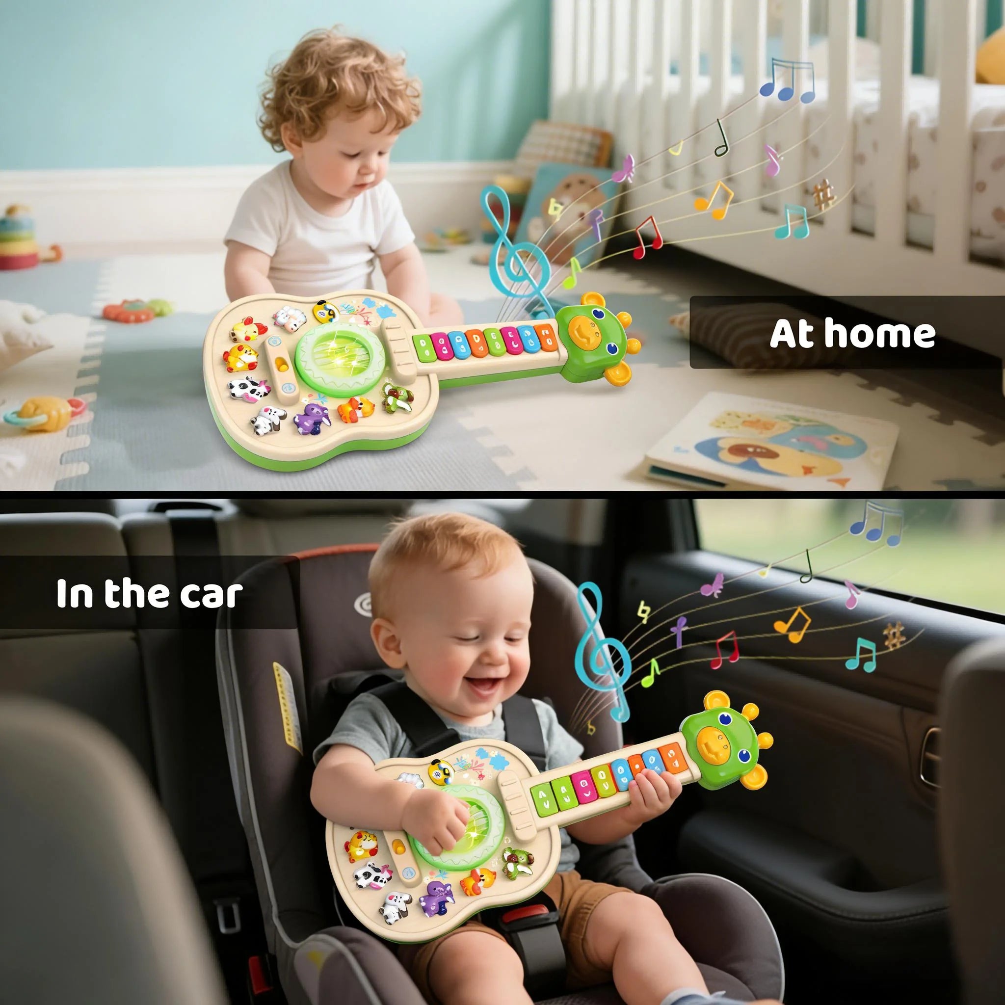 Children's Electronic Guitar, Baby Piano with Animal Sounds, Color Recognition,Lights & Melodies Educational Toy, Green Giraffe