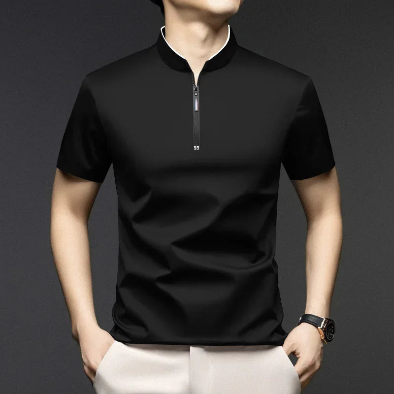 Mens Zipper Polo Shirt Stand Up Collar Solid Color Casual Top For Modern Men Versatile Comfort