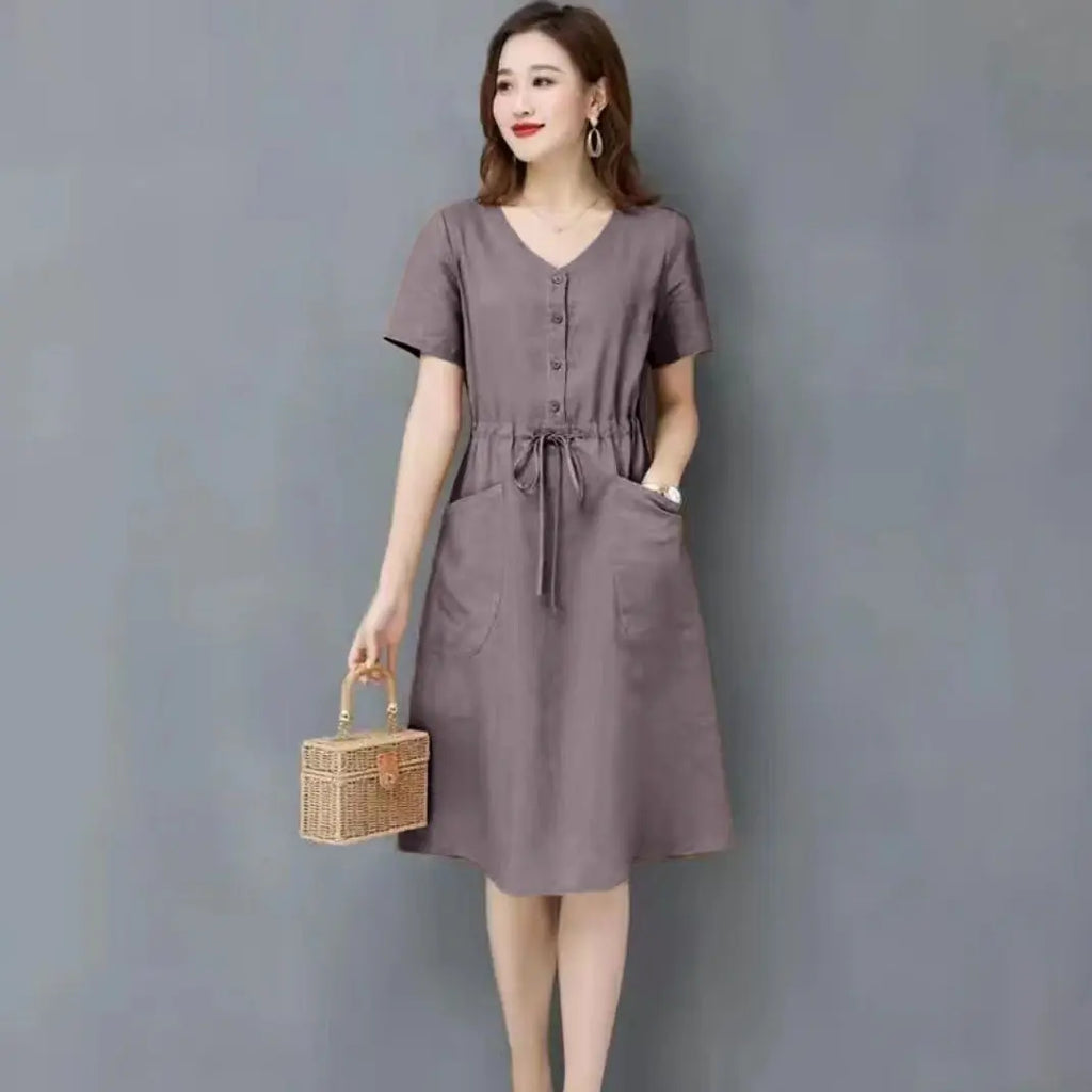 Elegant Cotton and Linen Women's Dress Draw String High Waist Breathable Midi Dresses Half Sleeve V-Neck A-Line Dress Summer