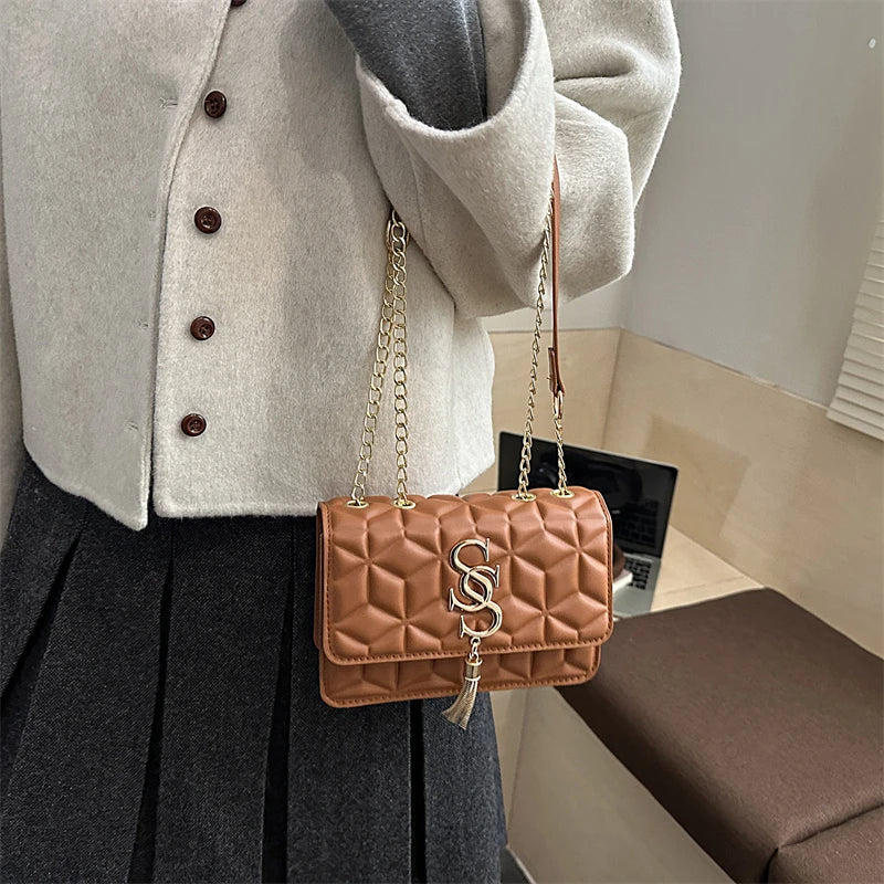 Fashionable Small Fragrant Style Argyle Quilted Small Square Bag Metal Letter Tassel Diagonal Cross Bag Commuter Shoulder Bag