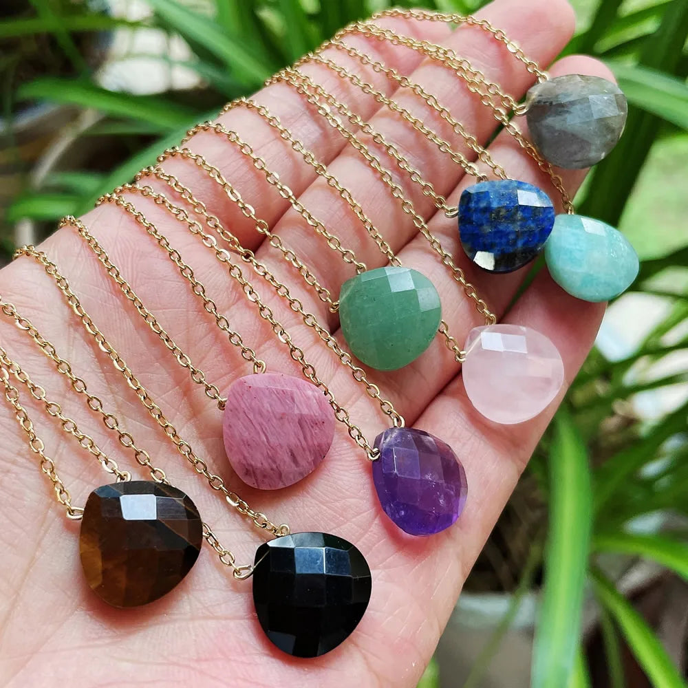 Korean Natural Crystal Pendant Necklace for Women Triangle Water Drop Real Amethysts Roses Quartz Steel Chain Crystal Necklace