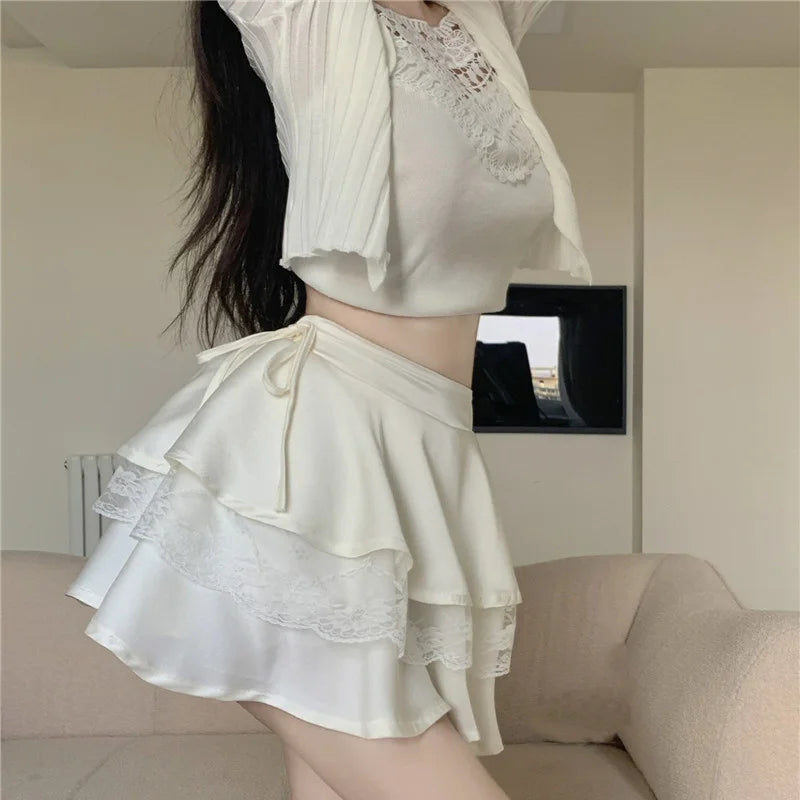 White Mini Skirts Women Lace Patchwork Sweet Ball Gown Sexy French Style Ruched Ruffled High Waist Summer Layered Romantic Gril