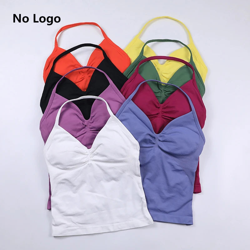 No Logo Longline Strappy Top Women Seamless Yoga Tank Top Ruched Backless Gym Clothes Workout Sleeveless Shirt With Built In Bra