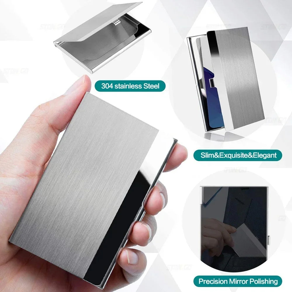 Premium Ultra thin Stainless Steel Business Card Holder - Silver Metal Pocket Case for Men and Women Simple Design Wallet