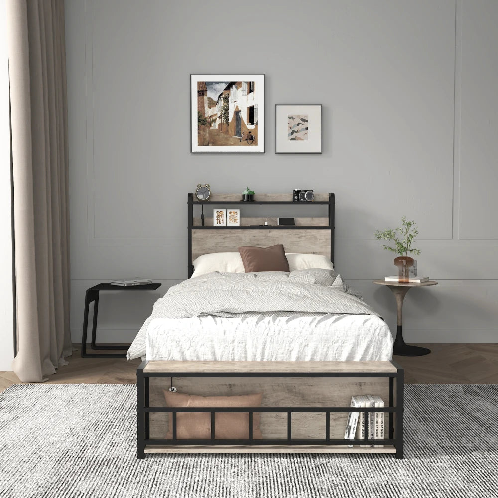 Orraves Twin Bed Frames , Headboard and Charging Station & LED Light for Bedroom, Solid and Stable, Noise Free, No Box Spring Needed, Easy Assembly