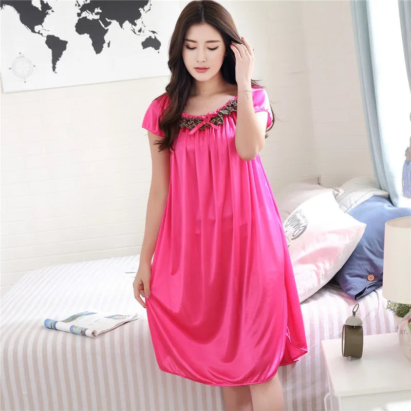 Elegant Silk Imitation Women Pijamas Sexy Summer Lace Nightgowns & Sleepshirts Womens silk satin Nightdress Sleepwears