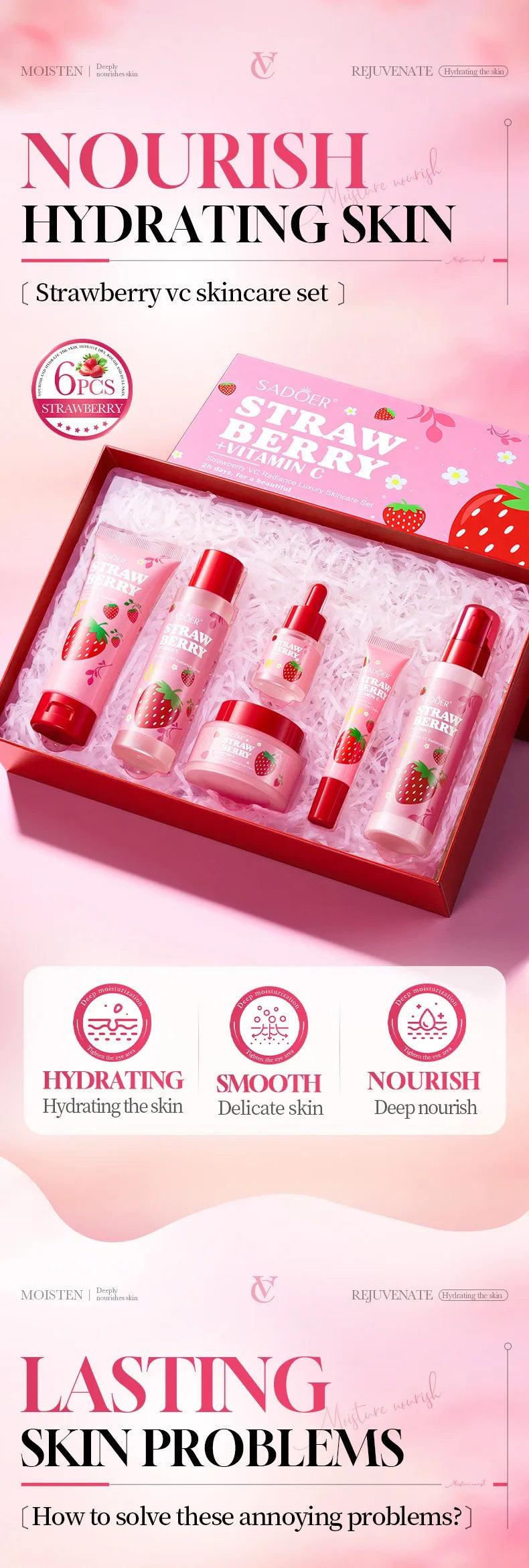 Strawberry+VC Moisturizing Anti-Wrinkle Skincare Set - Firming, Lifting Hydrating Face Kit for All Skin Types Skin care