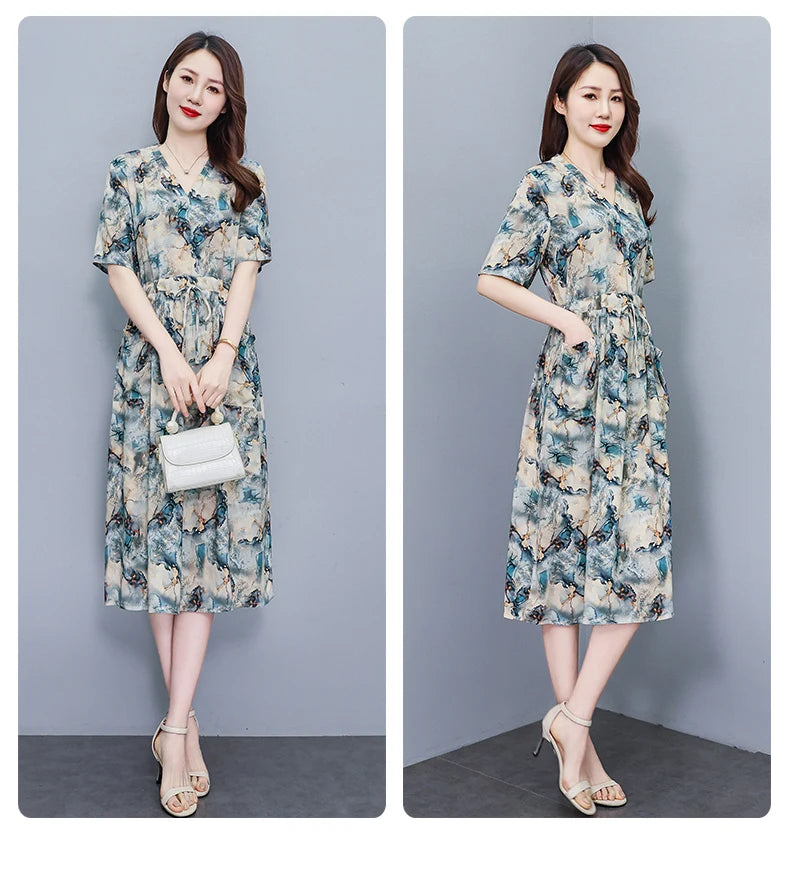 New Fashion 2025 Summer dresses For Women V-Neck Plus Size Woman Cothing Loose Short Sleeve Women Print Dresses