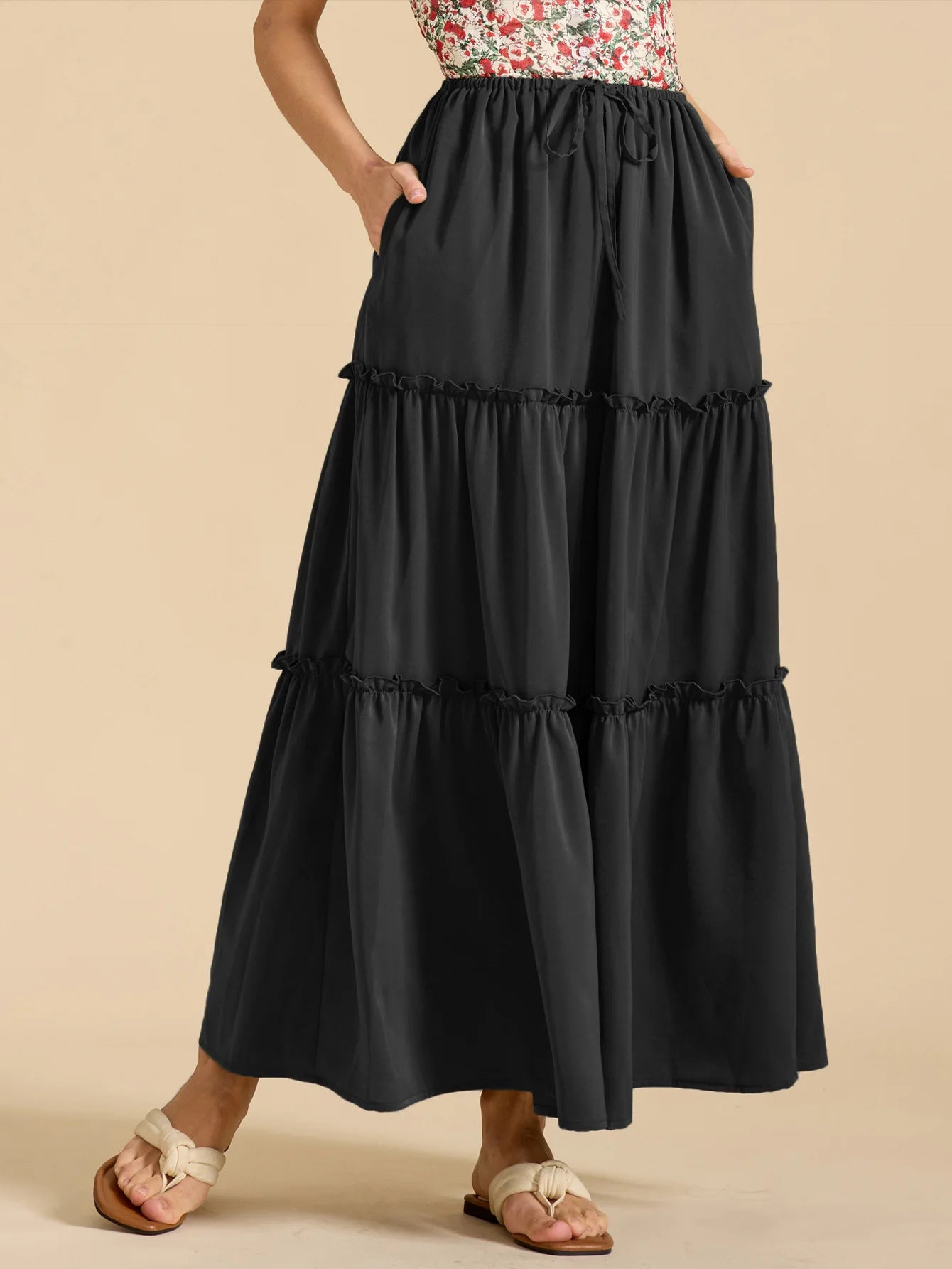 Elegant High Waist Elastic Pocket Long Skirt Adjustable Belted Half Body Skirt Women's Home Fashion Spring 2025 Polyester Blend