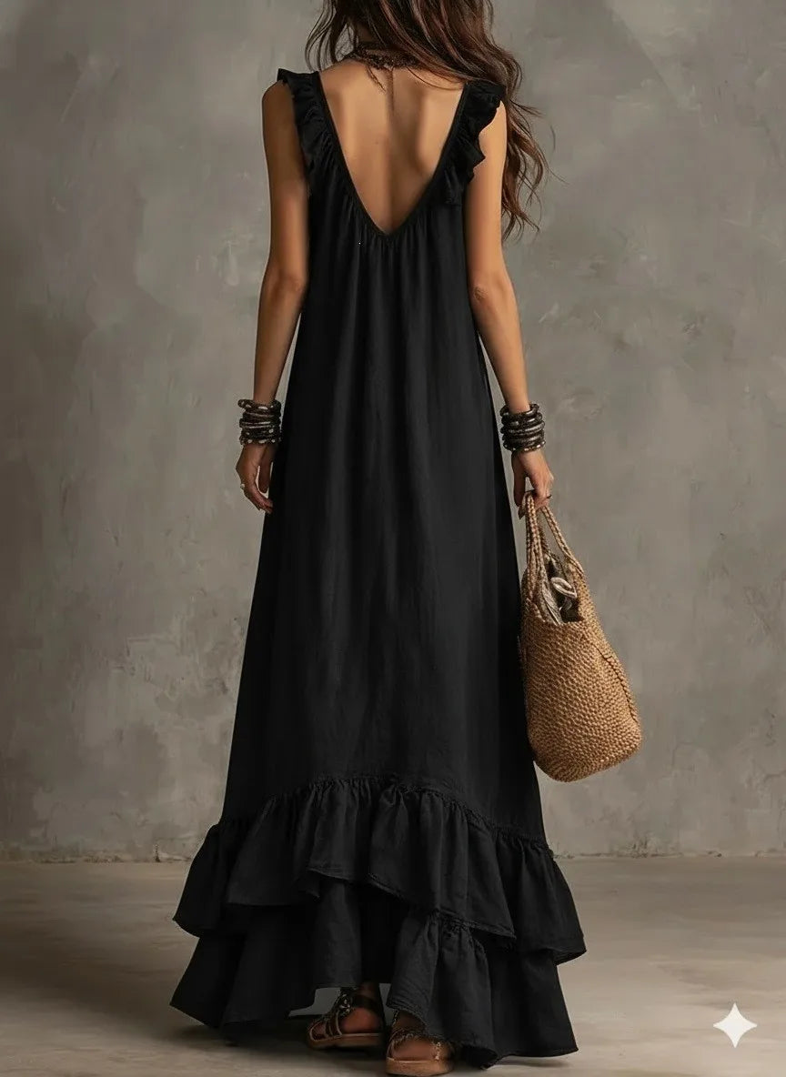 Summer Woman Dress Sleeveless Ruffle Neck Dresses Women's Pleated Maxi Dress V Neck Asymmetrical Hem Boho Dress Layered Ruffles