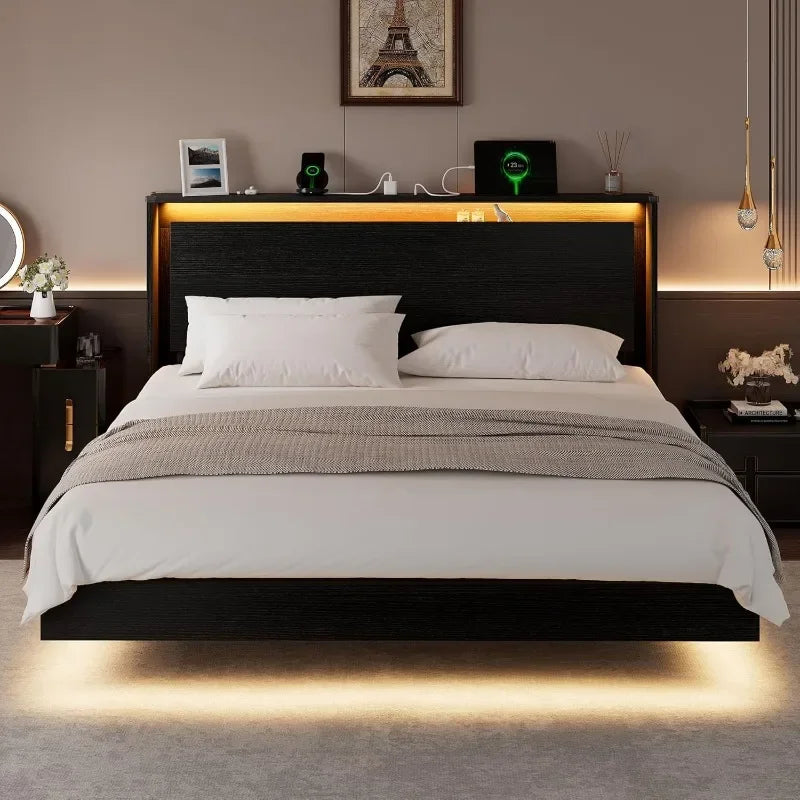 Einhomn King Size Bed Frame with LED Lights & Charging Station – Wood Floating Bed Frame with Storage Headboard, Adhesive Slats